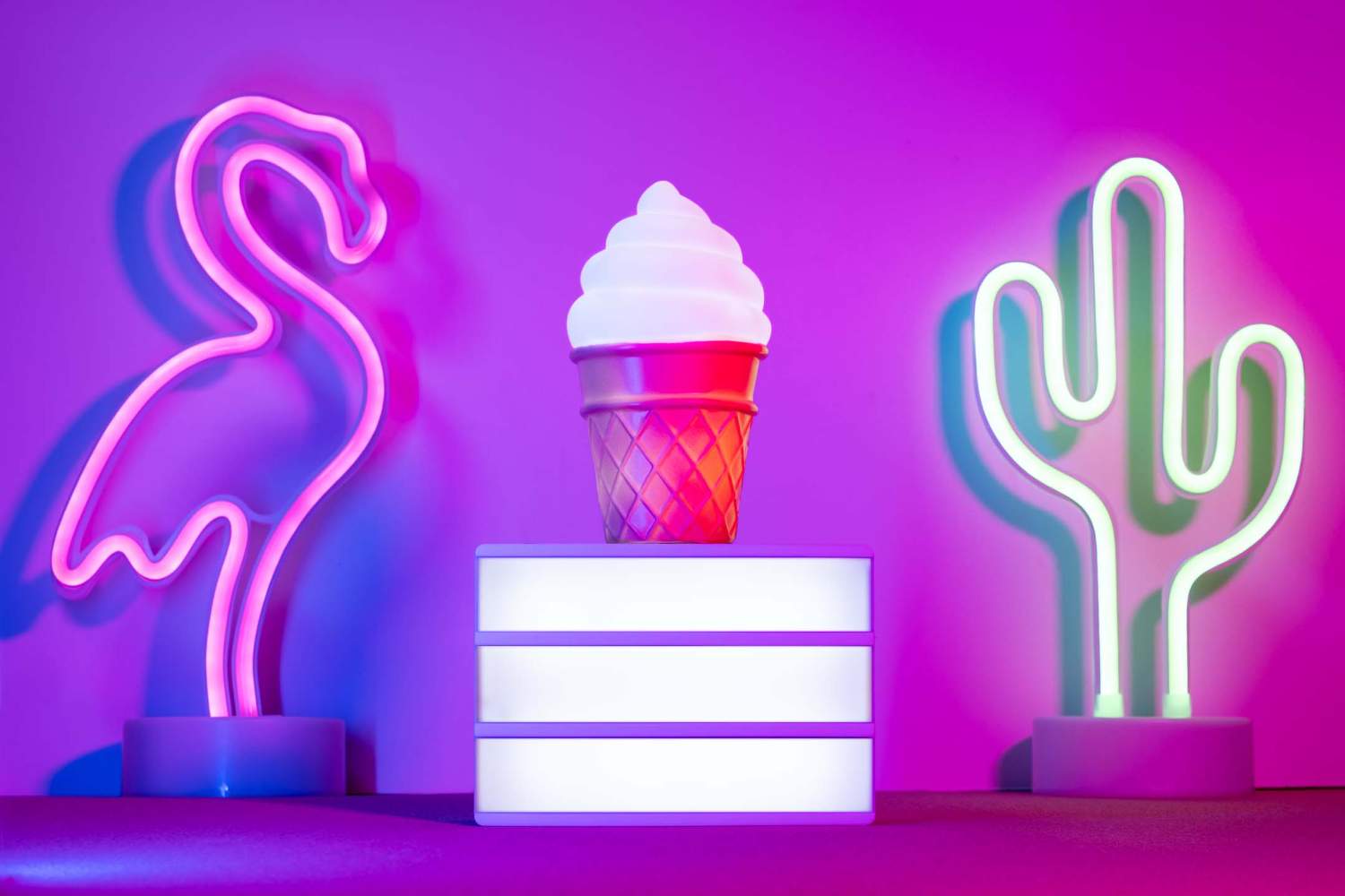 Summer with lightbox and flamingo,cactus and ice cream with neon